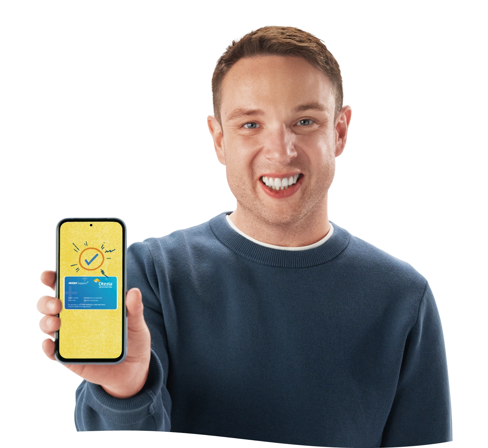 Guy holding phone with copay card from Amgen SupportPlus program