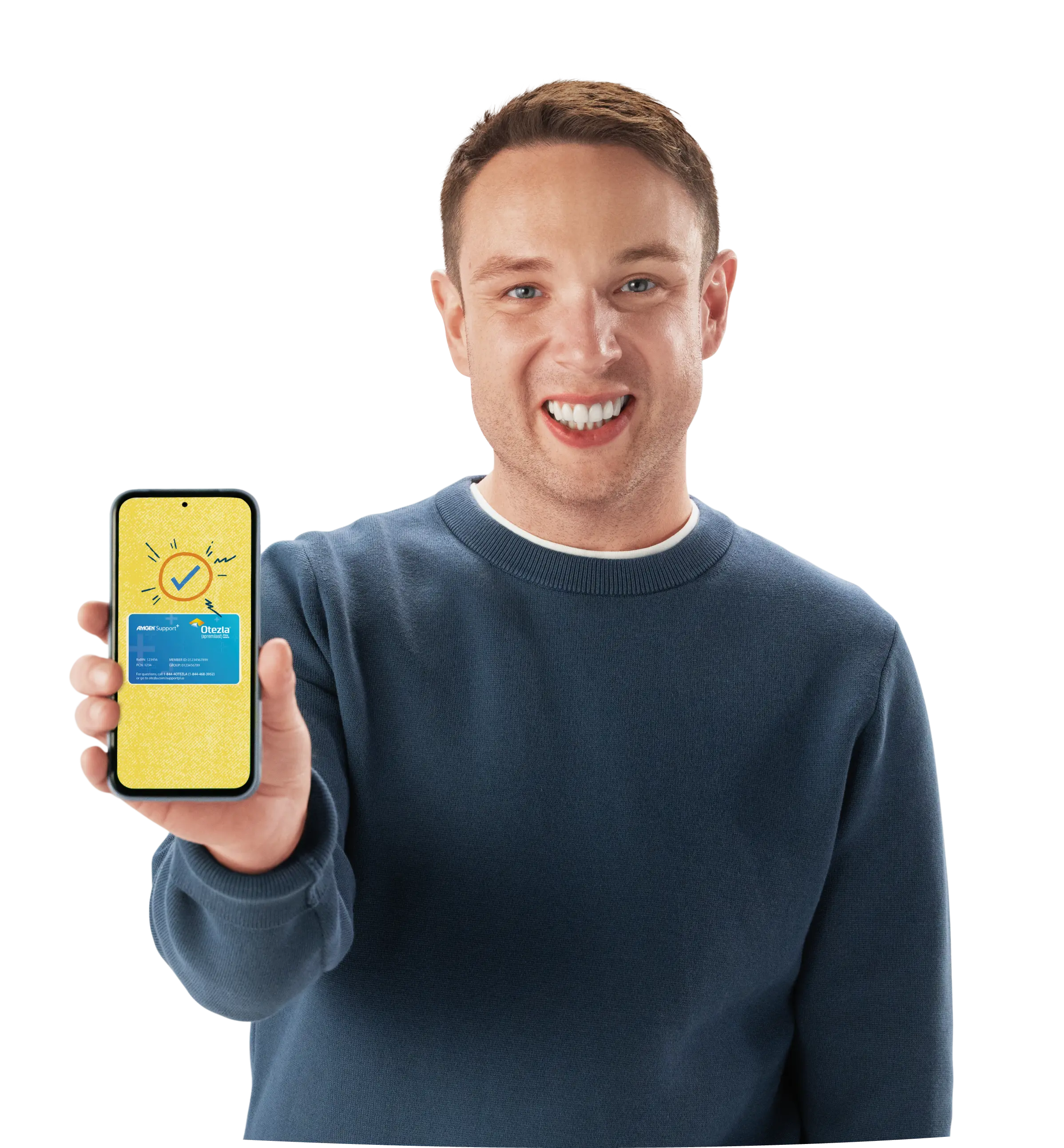 Guy holding phone with copay card from Amgen SupportPlus program